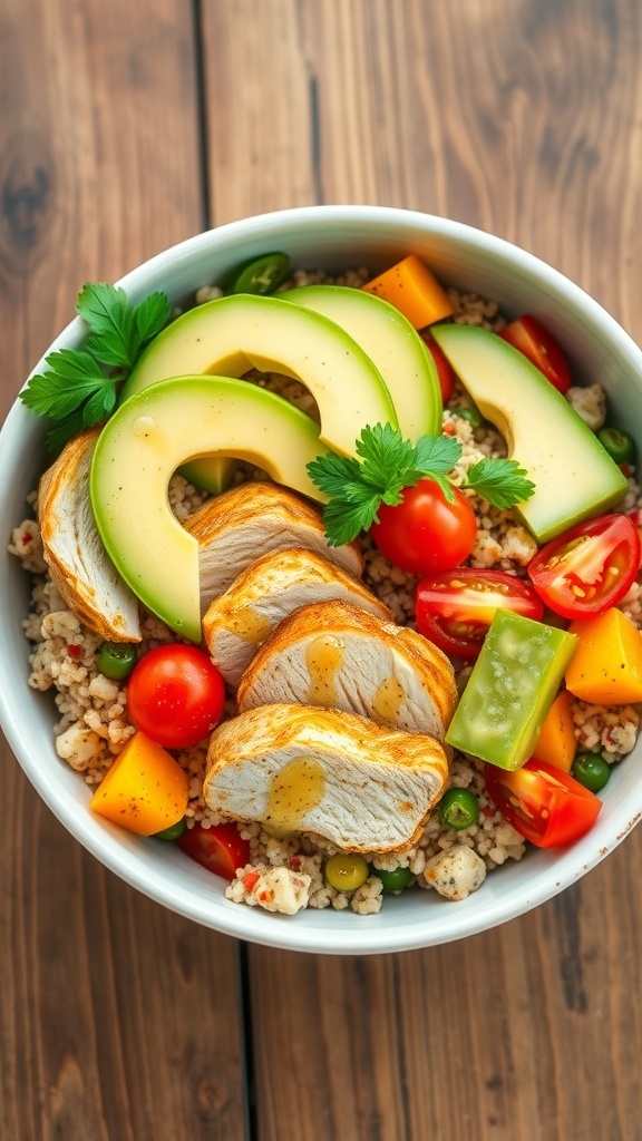 A colorful quinoa bowl with grilled chicken, cherry tomatoes, cucumber, bell pepper, and avocado, garnished with parsley.